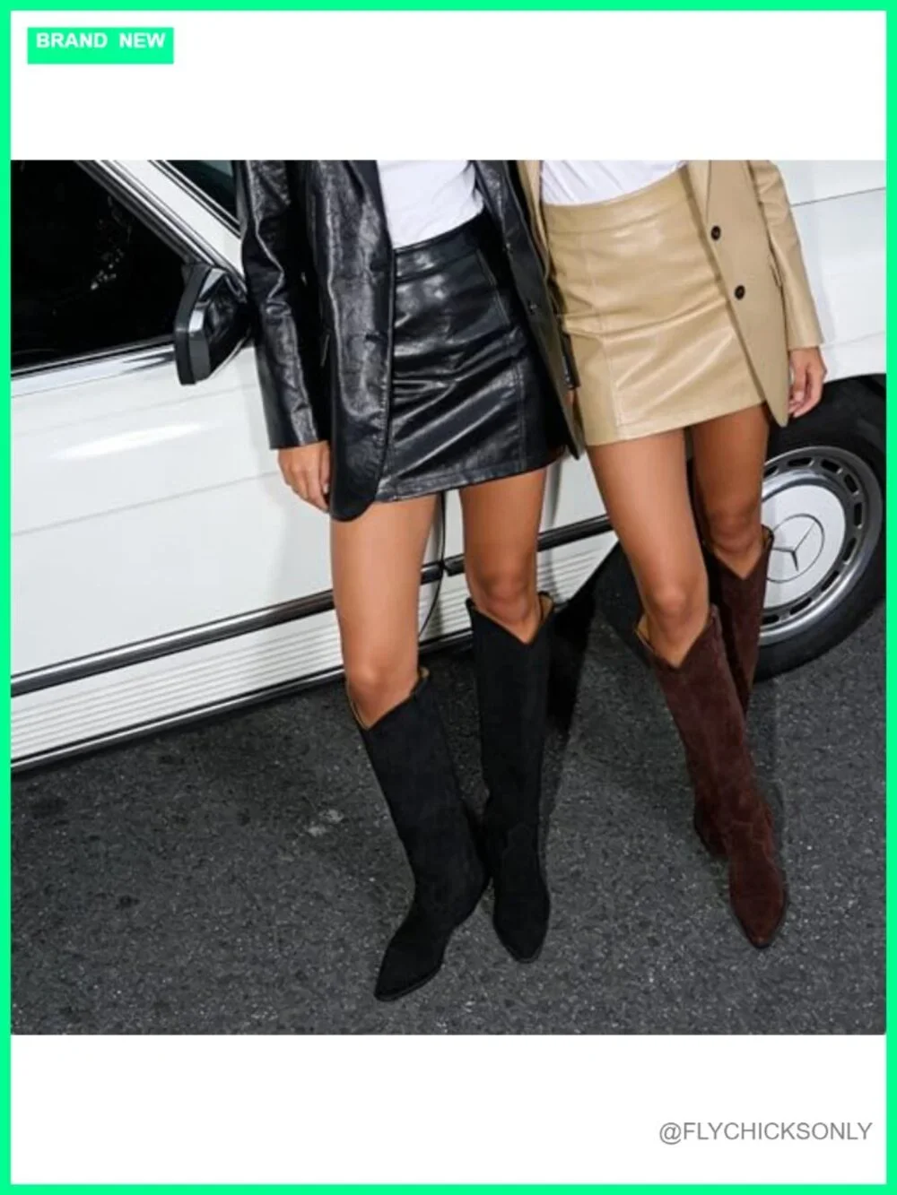 Suede Cowboy Boots Pointed Toe Chunky Heels Knee High Pull On